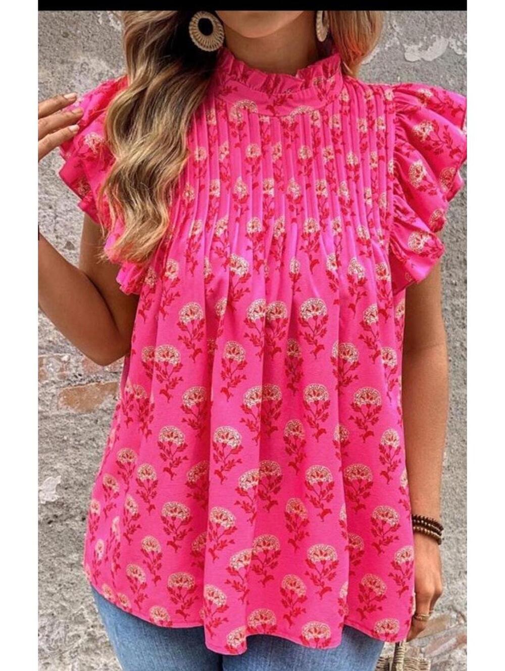 SHEIN Hot Pink Floral Sleeveless Pleated Ruffle Blouse. Size XL. Summer. - Picture 4 of 11